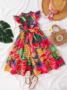 SHEIN Young Girl Cake Flower Pattern Dress With Belt And Ruffle Sleeves - Red - View 3