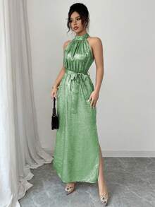 Elenzga 女士长款开衩无袖编织箔片吊带连衣裙，夏季 - 綠色 - 查看 6