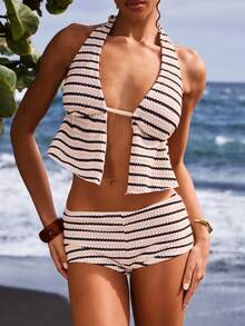 Swim Vcay 女士条纹印花露背吊带背心式泳衣套装（含上衣和短裤）两件套，适合沙滩穿着。 - 黑與白 - 查看 5