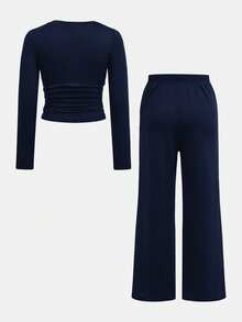 SHEIN Tween Girls Versatile Butterfly Pattern Long Sleeve Top And Pants 2 Pieces Set, Navy Blue - Navy Blue - View 2