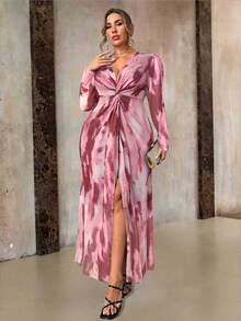 Roveilla Đầm maxi dài tay dáng thanh lịch, họa tiết hoa, thiết kế xoắn, cỡ lớn dành cho nữ. - Hồng - Xem 3