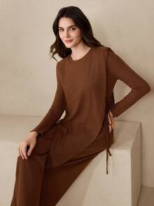Graceveil Loose Casual Solid Color Knit Design Long Sleeve Top And Comfortable Long Pants Women's Arabic Style Set - Coffee Brown - View 1
