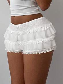 Aloruh Quần short mini bó sát cạp cao, viền ren ngọt ngào, nhiều lớp, phong cách Y2K dành cho nữ, thu/đông - trắng - Xem 7