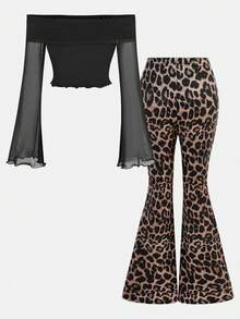 SHEIN Tween Girls' Casual Fashion Mesh Off-Shoulder Flared Long-Sleeved Crop Top With Pure Leopard Print Flared Pants 2-Piece Set, Casual And Elegant Daily Wear, Suitable For Autumn And Winter, Spring And Summer, Back To School, Cheetah Print Girls Set, 2 Piece Pants Set, Flared Leggings, Animal Print Outfit - Black - View 4