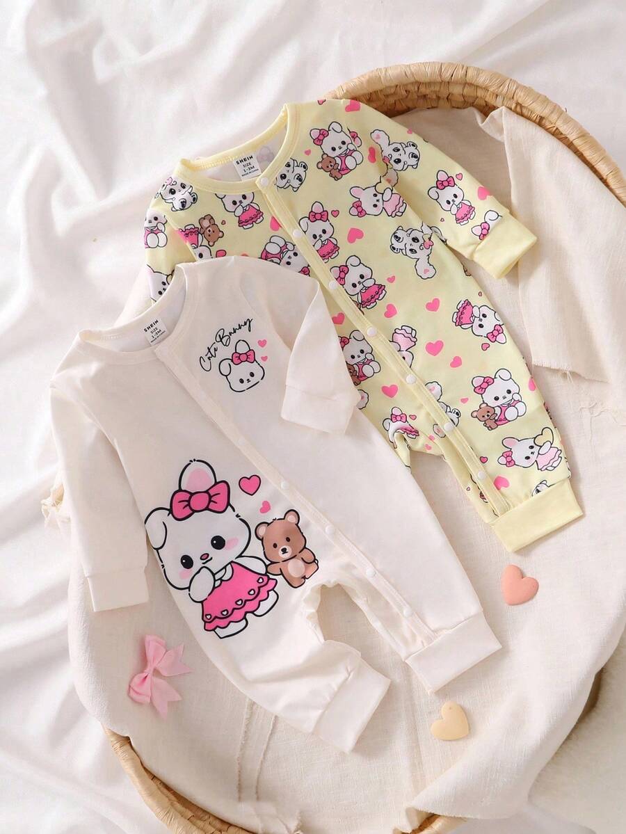 2 件套新生女婴可爱兔子卡通印花服装，长袖连体衣 - 黃色 - 查看 1