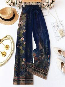 SHEIN LUNE Women's Retro Elegant Loose Elastic Waist Tie-Up Pants, Suitable For Spring And Summer,Black Pants Spring - Navy Blue - View 4