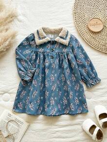 Vintaside Kids 女婴秋冬季保暖内衬翻领长袖数码印花灯芯绒连衣裙，时尚舒适，适合休闲、户外活动、朋友聚会等场合。 - 藏蓝色 - 查看 7