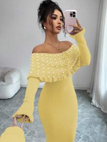 Rafferiza Women's Solid Color Bow Tie Long Sleeve Elastic Fitted Off-Shoulder Sweater Dress, French Elegant Pearl Decor Off-Shoulder Big Lapel Knit Dress, Autumn/Winter Knit Maxi Dress, Back To School Sweater Dress, Music Festival, Christmas, Fairy Dress, Autumn Wedding Guest Dress - Light Yellow - View 7