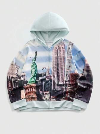 Sudadera con capucha de manga larga y ajuste holgado con estampado para hombre