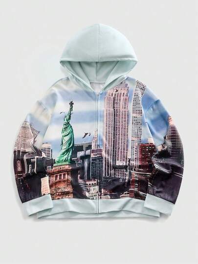 ROMWE MEN Men's Printed Loose Fit Long Sleeve Hoodie Sweatshirt