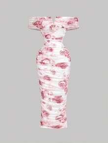 SHEIN MOD 女款白色與粉色夏季優雅婚禮伴娘露肩抓褶中長洋裝，3D花朵漸層玫瑰圖案復古派對舞會禮服 - 彩色 - 查看 5