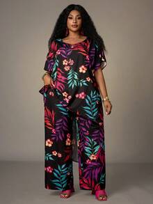 EMERY ROSE Plus Size Women Casual Floral Print Top & Pants 2 Pieces Set,Flower/Spring/Summer/Vacation - Black - View 6