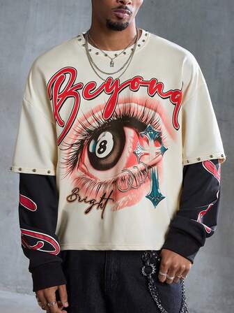 Street Life Men's Casual Colorblock Eye Print T-Shirt, Autumn, Long Sleeve Top