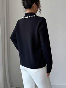 SHEIN PETITE Women's Black Autumn Elegant Office Long Sleeve Knit Sweater Top,Vintage Korean Style Collared Studded Beaded Design Versatile For Dates,Work,Parties - Black - View 2