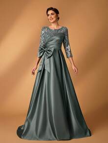 Serin Elegante y lujoso vestido de manga larga transparente con bordado de encaje floral, con perlas y lazo con diamantes, con vuelo. Adecuado para boda, fiesta, vacaciones, baile de graduación, vestido de noche para novia, madre de la novia - Verde - Ver 4