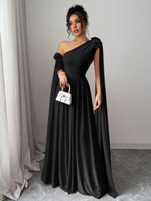 Rafferiza 红色荷叶边褶皱网纱连衣裙，优雅派对礼服，超长袖 - 黑色 - 查看 1