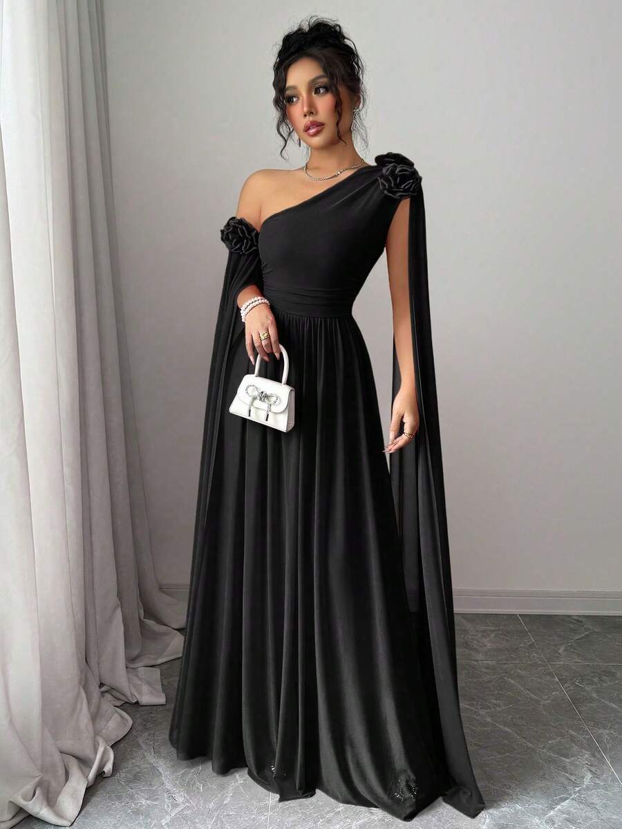 Rafferiza 红色荷叶边褶皱网纱连衣裙，优雅派对礼服，超长袖 - 黑色 - 查看 1