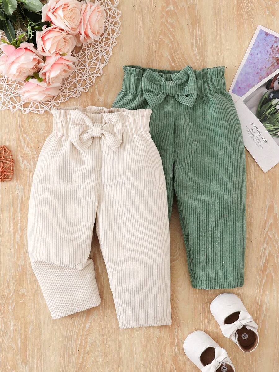 SHEIN Vintaside Kids Baby Girls' Fashion Corduroy Bow Pants, Casual Trousers For Spring, Autumn & Winter - Multicolor - View 1