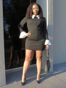 Truni Plus Size Minimalist Color Block Flare Sleeve Bodycon Dress, Suitable For Commuting/Autumn /Winter - Black and White - View 8
