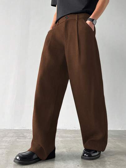 Manfinity Hypemode 男士休闲日常工作服纯色褶裥宽松阔腿裤，带侧袋