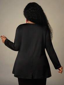 EMERY ROSE Camiseta de manga larga con cuello redondo y estampado para mujer de talla grande - Negro - Ver 2