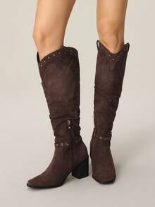 Styleloop Women's Fashionable Retro Chunky Heel Over-The-Knee Boots For Christmas - Coffee Brown - View 3