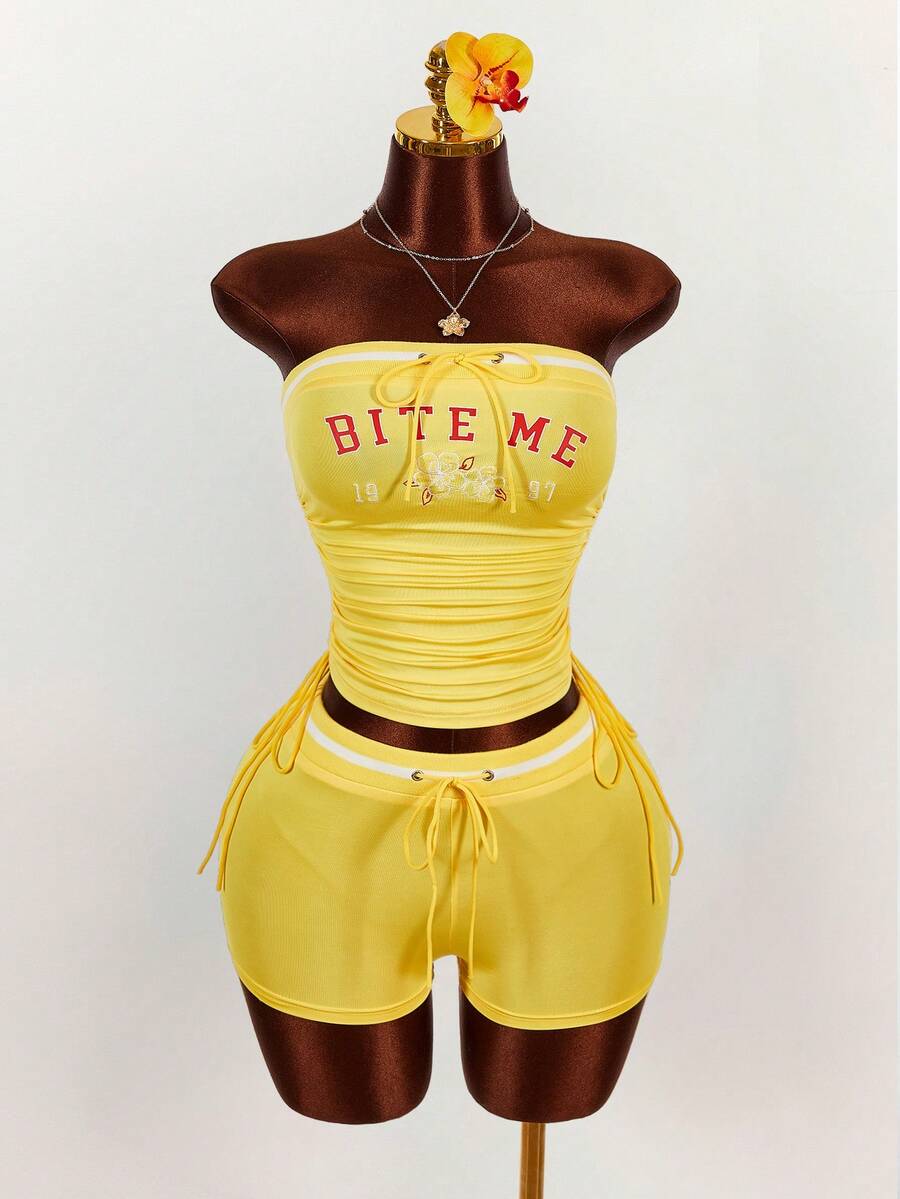 Amplova Women's Slogan Print Yellow Bandeau Top And Low Waist Mini Shorts Set - Multicolor - View 1