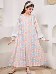 SHEIN 青少年女孩杏色 A 字版圓領長袖拼色喇叭裙 Abaya 女孩馬卡龍色洋裝 - 杏色 - 查看 9