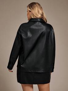 Auralis Plus Size Black,Autumn,Smart Casual,Night Out Club PU 2 Pieces Set,Personalized Zippered Long-Sleeved Jacket Coat & Side Slit A-Line Skirt,Y2K Outfit - Black - View 4