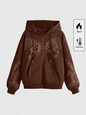 Hippie Damen-Kapuzenpullover mit Sonnenprint, Drop Shoulder, langen Ärmeln, Reißverschlusstasche vorne, Kordelzug und langem Ärmel, Reißverschlusstasche vorne, Sweatshirt mit Kordelzug