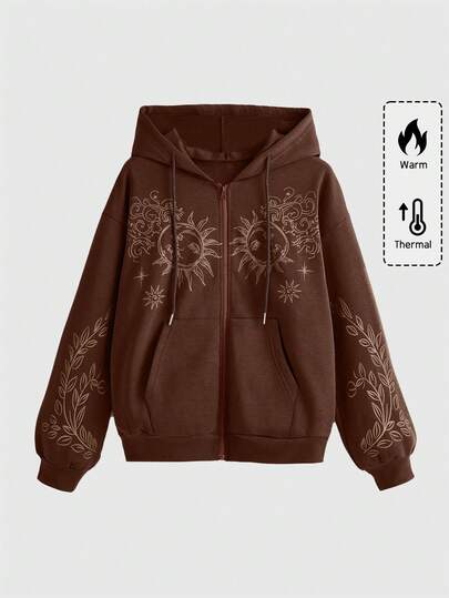 Hippie بلوزة هوديي نسائية بأكمام طويلة وسحاب أمامي وجيب وسحاب للرباط، مطبوعة بطبعة الشمس