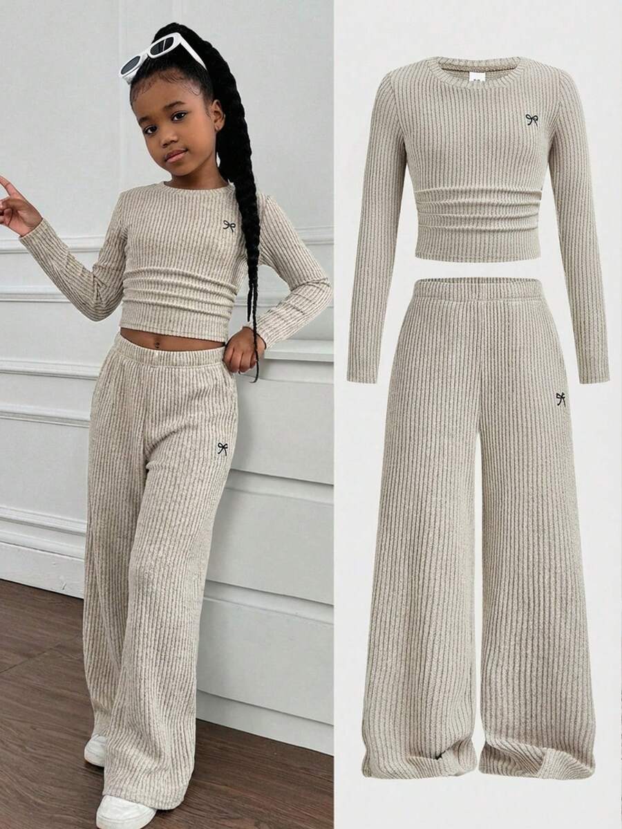 SHEIN Tween Girls Versatile Butterfly Pattern Long Sleeve Top And Pants 2 Pieces Set, Light Grey - Apricot - View 1