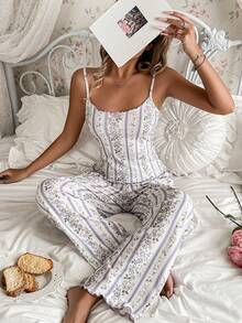 SHEIN 印花无袖吊带背心和裤子女士睡衣套装 - 白色 - 查看 1