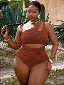 Slaydiva Plus Size Women Black Ribbed Cutout Ruched One-Piece Swimsuit, Casual Vacation - Brown - View 4