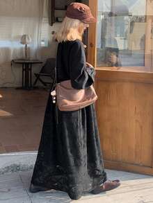 FRIFUL Women's Elegant Solid Color Knotted Collar Lantern Sleeve Long Dress, Autumn Maxi Dress Sundress - Apricot - View 5