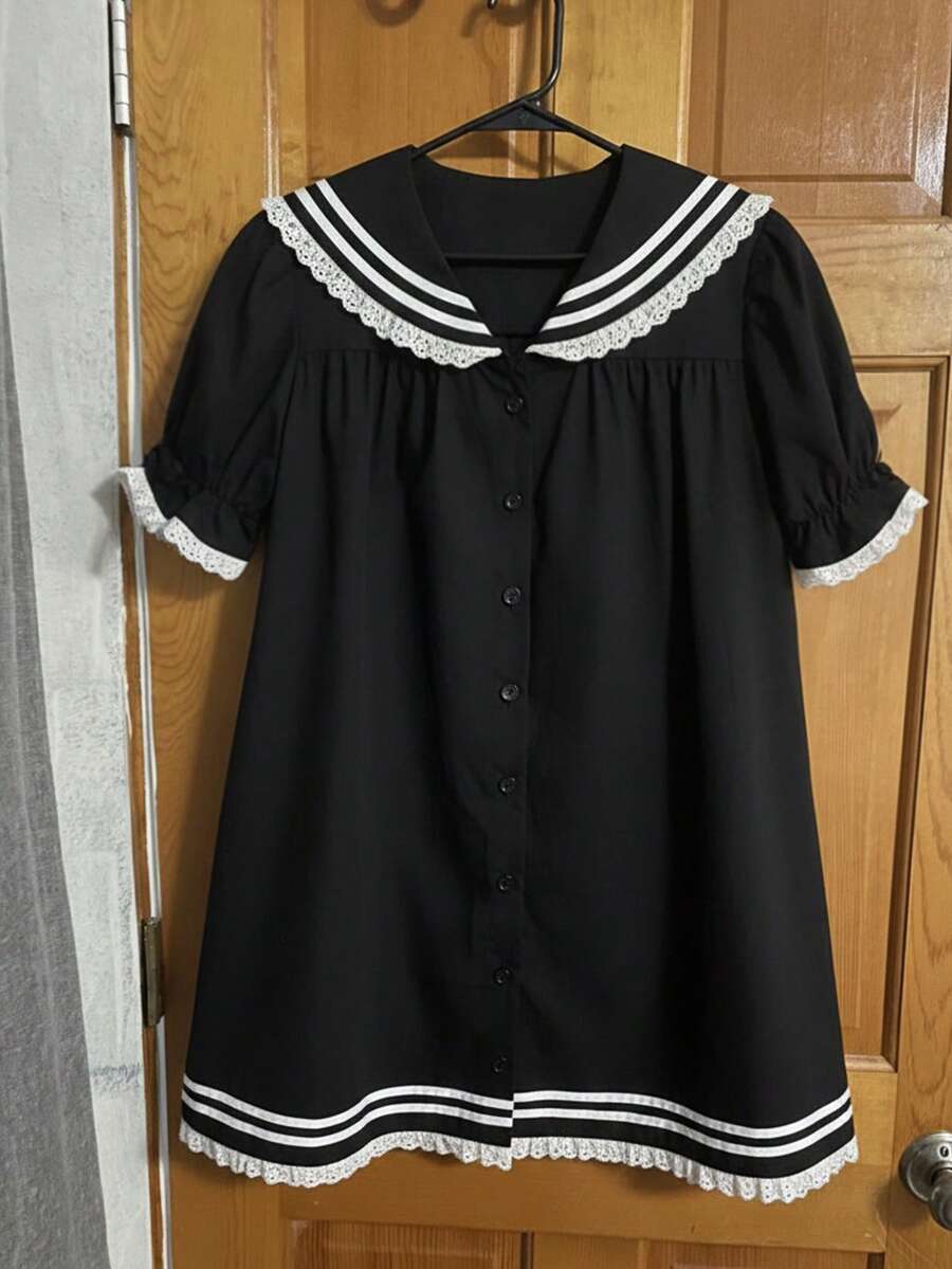 Sweetra CURVE Áo babydoll mùa hè màu đen dễ thương dành cho nữ, phối sọc tương phản, kiểu dáng học sinh, cổ áo thủy thủ và viền ren tương phản. - màu đen - Xem 1