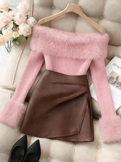 Franclia 浪漫甜美优雅百搭粉色露肩重磅仿貂毛3D罗纹图案女士长袖套头毛衣，秋冬款