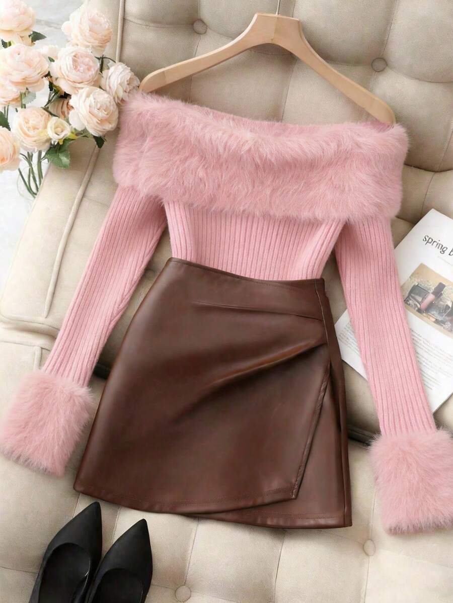 Franclia 浪漫甜美优雅百搭粉色露肩重磅仿貂毛3D罗纹图案女士长袖套头毛衣，秋冬款 - 粉色 - 查看 1