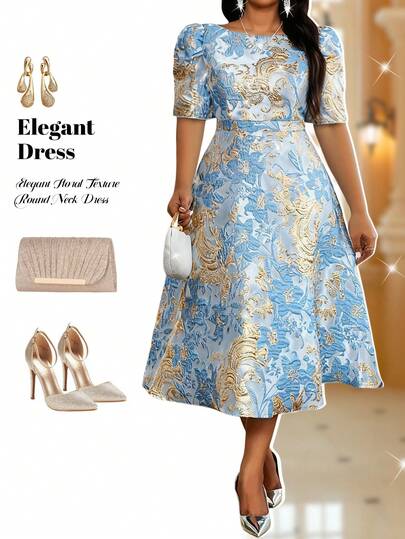 SHEIN Lady CURVE Spring And Summer Elegant Wedding Round Neck A Line Dress Plus Size Women Floral Jacquard Round Neck Puff Sleeve Elegant Dress Floral Dress Blue Dress Elegant Dresses For Women Valentine Outfits For Women Beach Dress Wedding Guest Dress For Women Birthday Dress Summer Dress Elegant Dress For Women Birthday Dress Wedding Guest Dress For Women Beach Dress Summer Dress Valentine's Day Carnival Costume Elegant Midi Dress Elegant Summer Dresses Elegant Woman Clothing Elegant Outfits For Women Dress For A Wedding Guest Party Dress