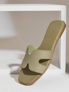 SHUZIA #QuietLuxury Women's Open Toe Harness Cut Out Soft Cushions Premium-Feel Faux Leather Refined Taupe Olive Slide Sandal- Stylish, Comfortable & Easy To Pair Valentine's Day - Olive Green - View 3