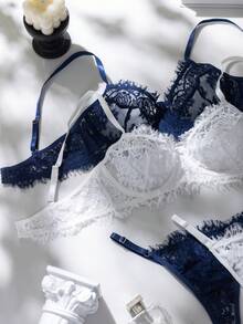 4pcs Women's Solid Color Minimalist Everyday Lace Lingerie Set - Blue and White - View 5