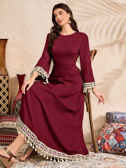 Al Najma 女士蕾丝拼接流苏装饰优雅连衣裙