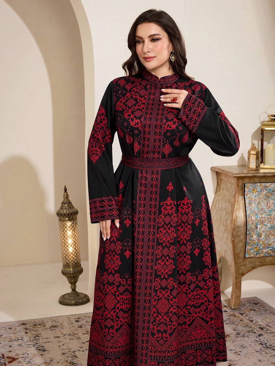Al Najma Plus Size Women's Mandarin Collar Long Sleeve Contrast Color Vintage Chinese Modest Ninang Arabic Style Dress Wedding Black Fall - Multicolor - View 1