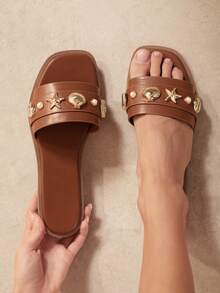 SHUZIA 女士方头贝壳装饰交叉绑带套脚凉鞋 - 紫紅色 - 查看 2