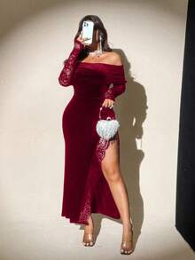 Viva Relle 大码女式春秋季丝绒拼接蕾丝露肩荷叶边高腰弹力面料高开衩连衣裙，优雅新年装扮 - 紅色 - 查看 6