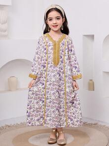 SHEIN Young Girl White Summer Traditional Arabian Dress Floral Print Long Sleeve Jalabiya For Wedding Al-Adha,Matching Mom & Daughter Kaftan Prayer Robe - Mauve Purple - View 8