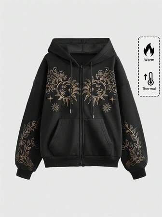 Hippie Felpa Con Cappuccio Stampata Con Girasoli E Piante Per Donne Con Coulisse