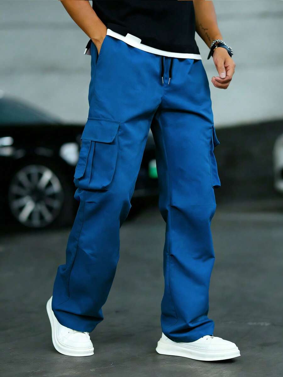 Manfinity EMRG 宽松男士翻盖口袋侧抽绳腰带工装裤 - 寶藍色 - 查看 1