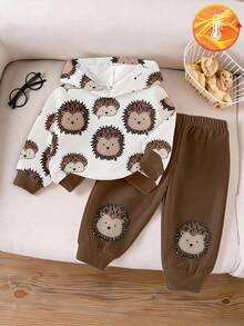 Bộ 2 món/Bộ đồ nỉ chui đầu in hình nhím dễ thương, thoải mái, mềm mại, giản dị, thời trang tối giản cho bé trai, lót giữ nhiệt, phù hợp mặc hàng ngày vào mùa thu/đông, ngoài trời, phối đồ, trang phục thể thao - Nhiều màu - Xem 2