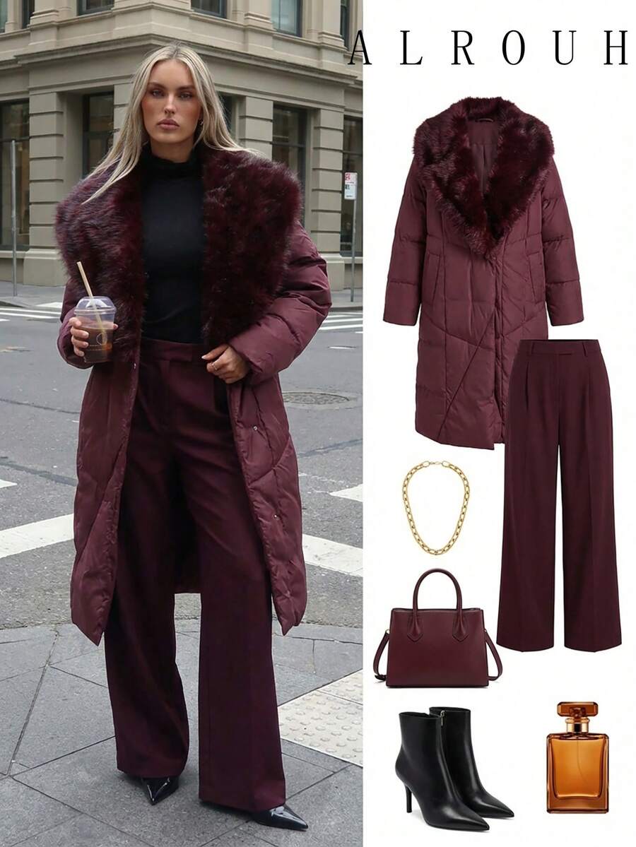 Aloruh Abrigo acolchado de longitud media con cuello de piel sintética para mujer, abrigo de invierno color vino tinto, abrigo burdeos, estilo "Old Money", elegante para ir al trabajo, casual de negocios, invierno, otoño - Burdeos - Ver 1
